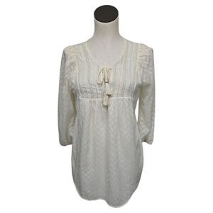 One September Ivory Popover‎ Blouse Top Shirt-V Neck Gold Embroidered Size Small